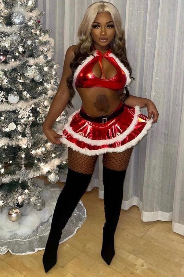 Red White Faux Fur Key Hole Halter Ruffle Two Piece Sexy Holiday Costu AMIClubwear Red White Faux Fur Key Hole Halter Ruffle Two Piece Sexy Holiday Costu AMIClubwear