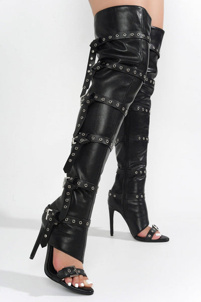 REVENA - BLACK Thigh High Boots - AMIClubwear