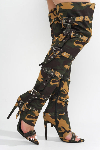 REVENA - CAMOUFLAGE Thigh High Boots - AMIClubwear