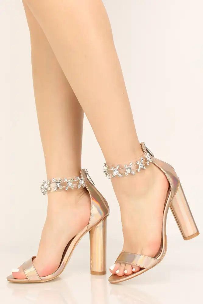 Rose Gold Holographic Rhinestone Chunky High Heels AMIClubwear