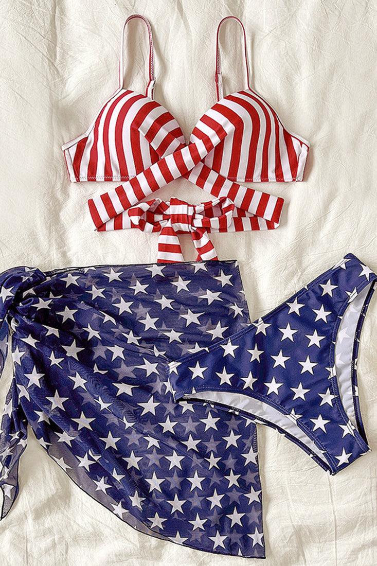 Sexy American Flag Bikini Red White Stripe Top With Blue Star Print Bottom - AMIClubwear