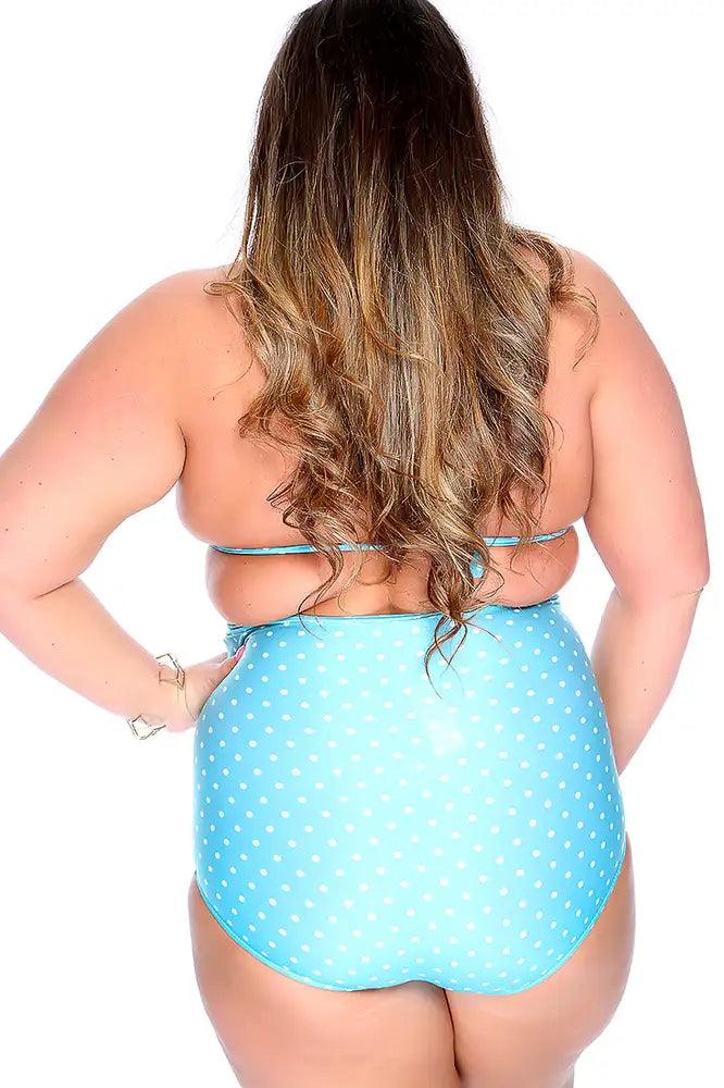 Sexy Aqua Polka Dot High Waist Plus Size Swimsuit - AMIClubwear