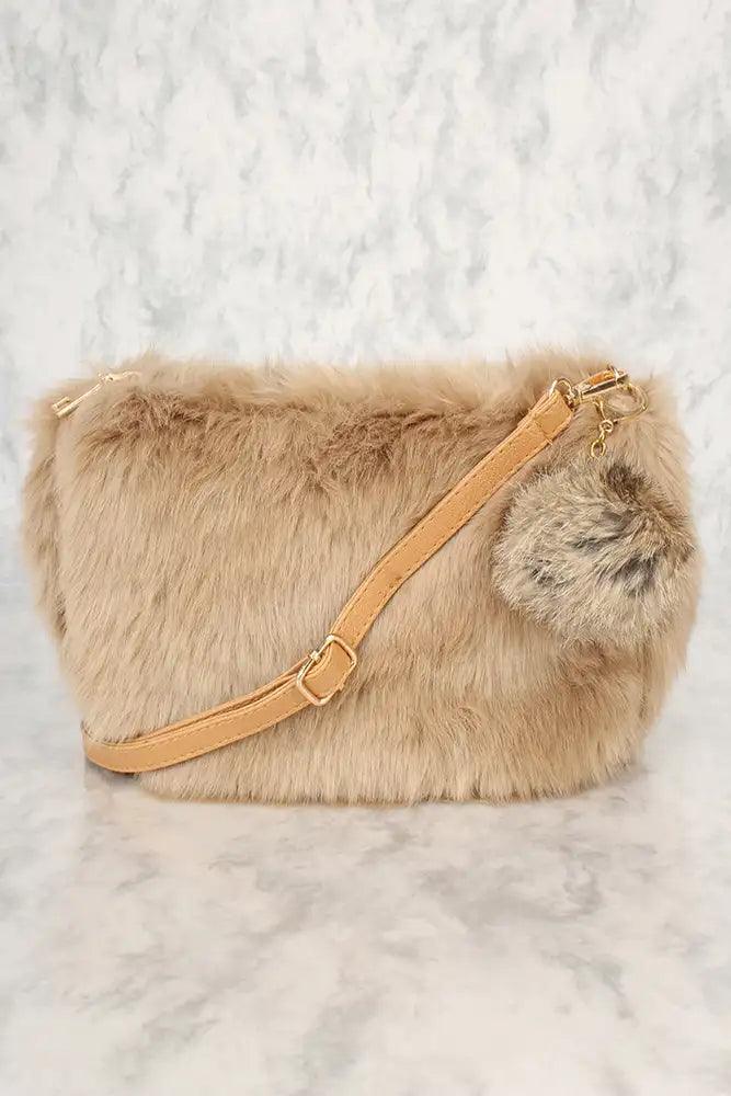 Sexy Beige Faux Fur Shoulder Handbag Amiclubwear