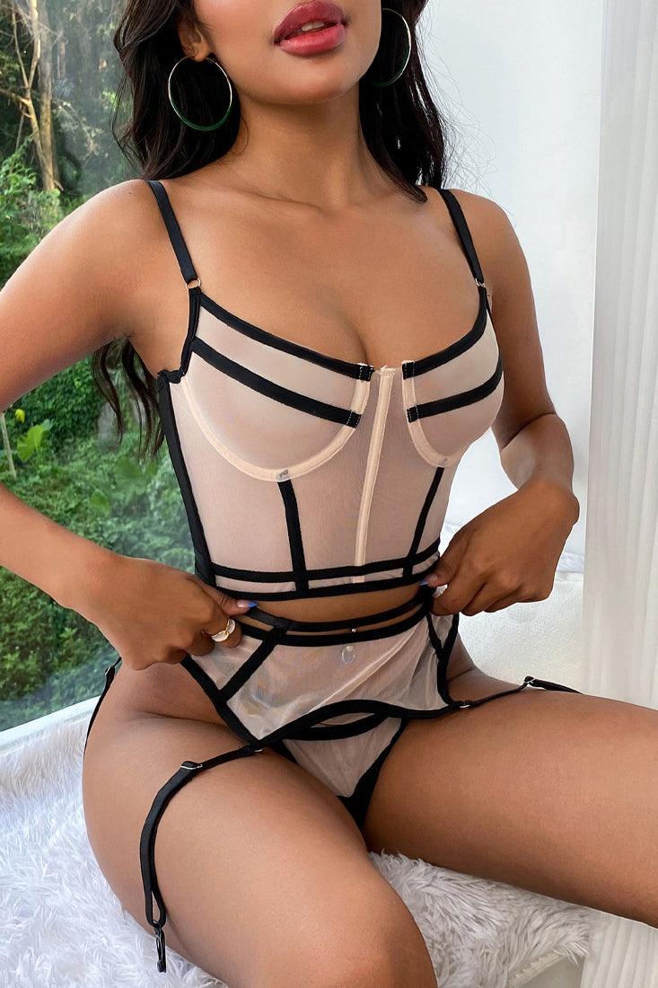 Sexy Beige Strappy Mesh Lingerie 3 Pc Set - AMIClubwear