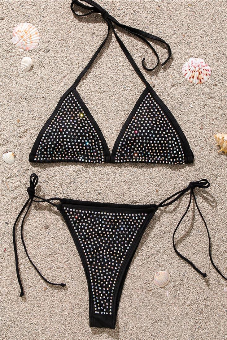 Sexy Black Blinged Out Rhinestone Strappy 2 Pc Swimsuit - AMIClubwear
