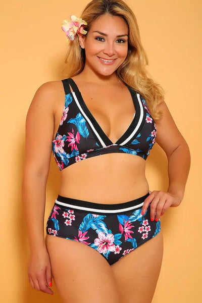 Sexy Black Blue Floral Print Plus Size Two Piece Swimsuit - AMIClubwear
