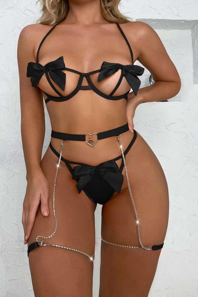 Sexy Black Bow Rhinestone Heart Garter 3 Pc Lingerie Set - AMIClubwear