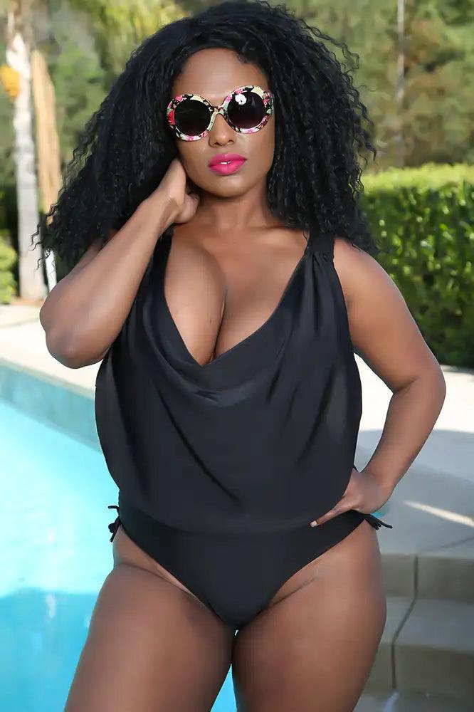 Sexy Black Draped Plus Size One Piece Swimsuit