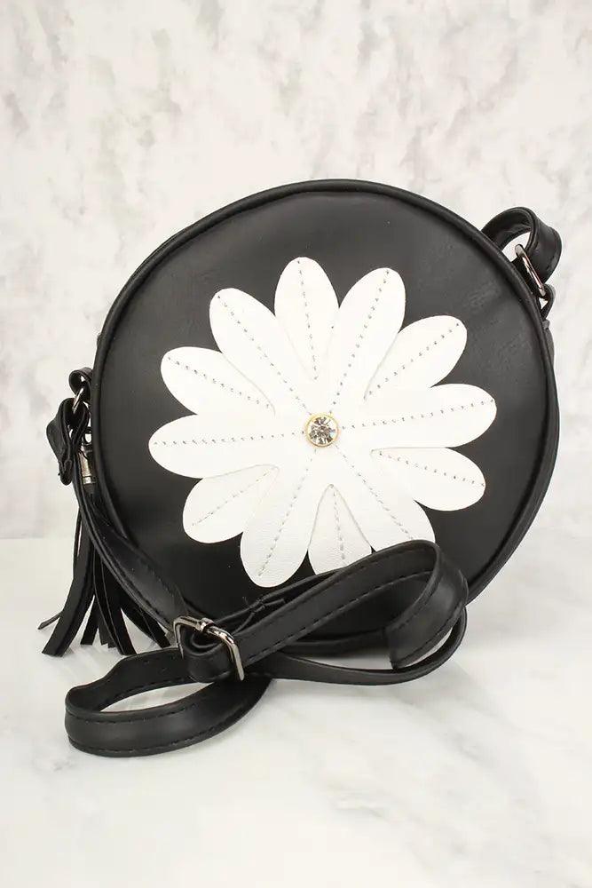 Sexy Black Flower Patch Distressed Faux Leather Circle Crossbody Bag - AMIClubwear
