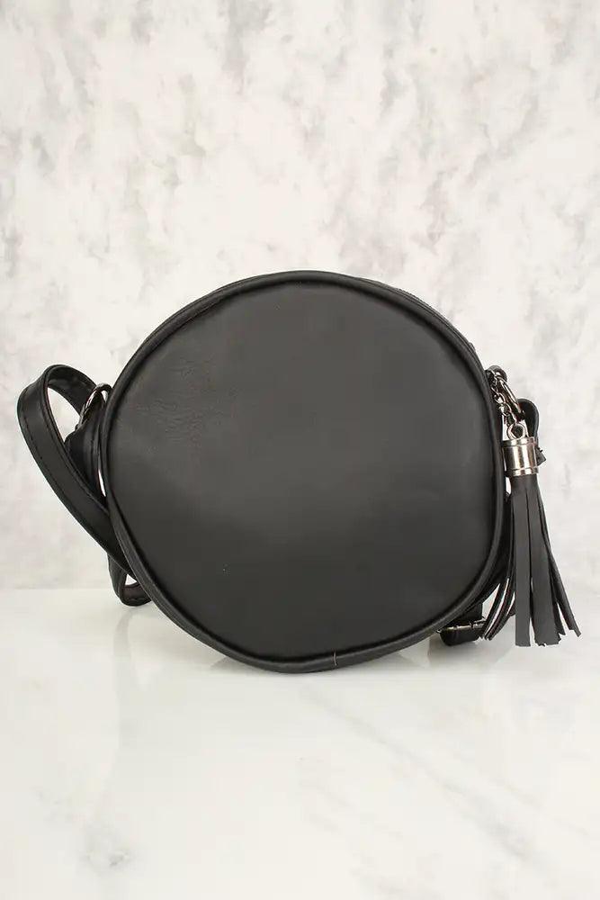 Sexy Black Flower Patch Distressed Faux Leather Circle Crossbody Bag - AMIClubwear