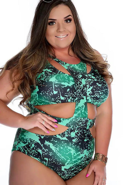 Sexy Black Green Sleeveless Front Cut Out One Piece Plus Size Swimsuit - AMIClubwear