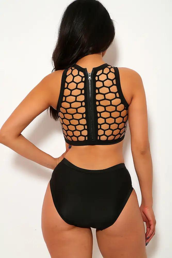 Sexy Black Honeycomb Netted Two Piece Swimsuit - AMIClubwear