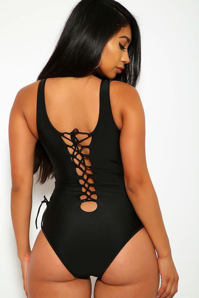 Sexy Black Lace Up Woven Cut Out One Piece Swimsuit - AMIClubwear