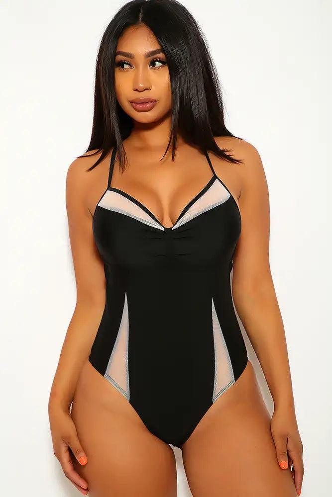 Sexy Black Mesh Cut Outs Cross Strap One Piece Swimsuit - AMIClubwear