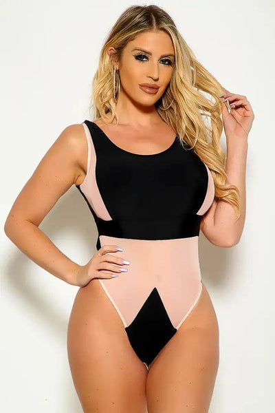 Sexy Black Mesh Paneled Open Back Two Tone One Piece Swimsuit - AMIClubwear