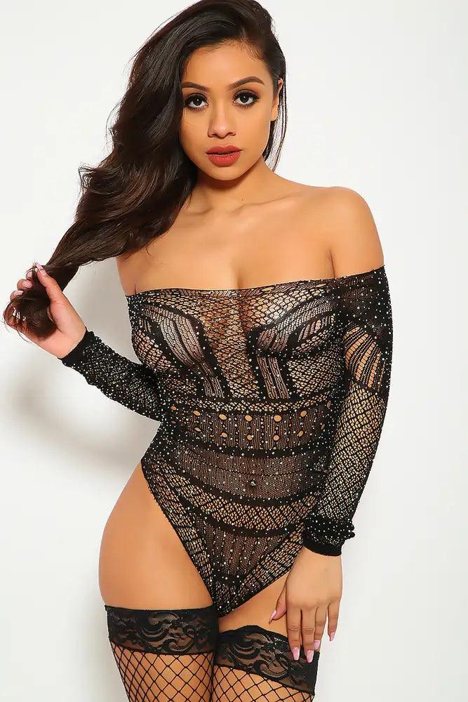 Sexy Black Off Shoulder Rhinestone Intimates Amiclubwear