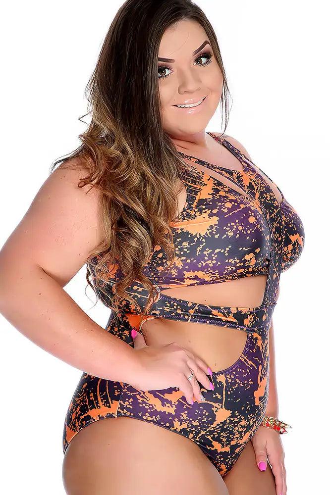 Sexy Black Orange Sleeveless Front Cut Out One Piece Plus Size Swimsuit - AMIClubwear