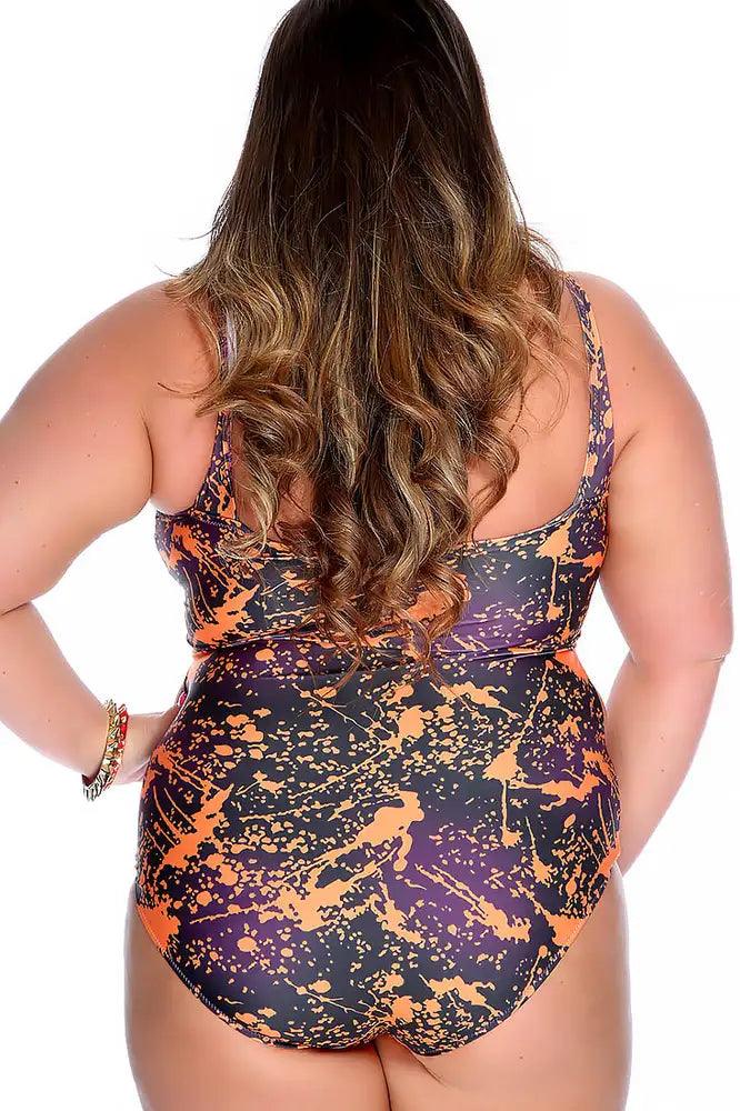 Sexy Black Orange Sleeveless Front Cut Out One Piece Plus Size Swimsuit - AMIClubwear