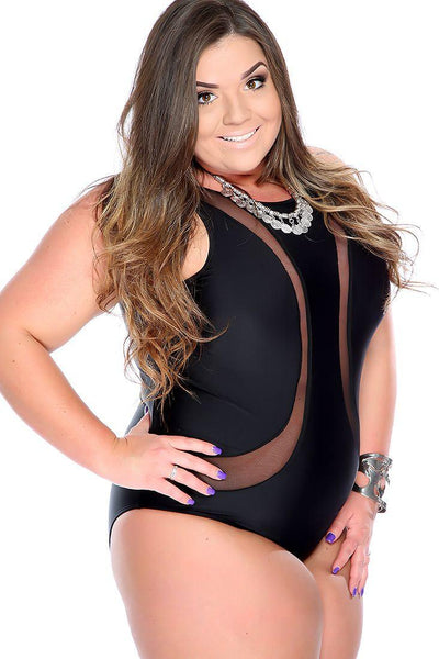 Sexy Black Padded Mesh Cut Out Plus Size Swimsuit - AMIClubwear