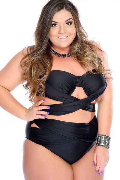 Sexy Black Padded Strappy Halter High Waist Cut Out Plus Size Swimsuit - AMIClubwear