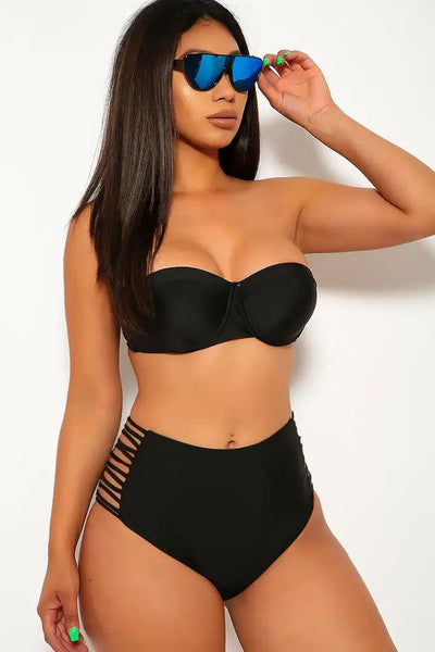 Sexy Black Push Up Halter Top Strappy Bottom Two Piece Swimsuit - AMIClubwear