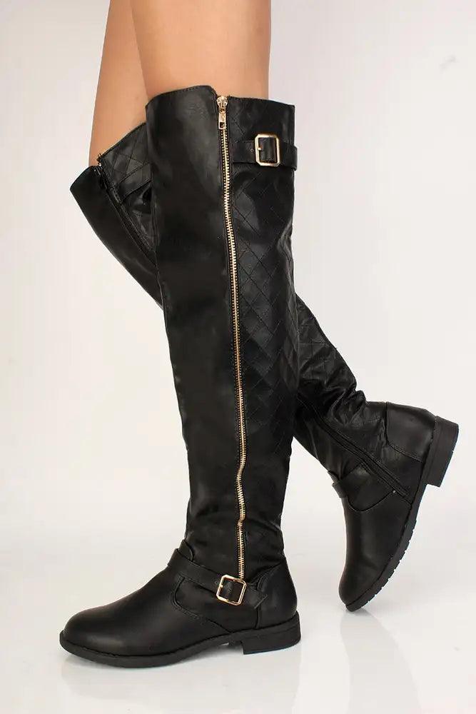 Sexy Black Quilted Flat Riding Boots Faux Leather - AMIClubwear