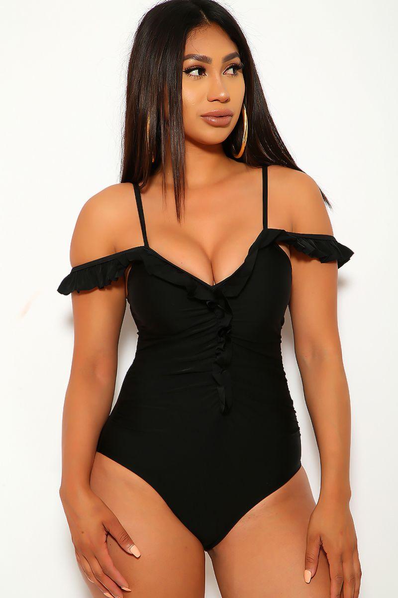 Sexy Black Ruffle Off Shoulders One Piece Swimsuit - AMIClubwear