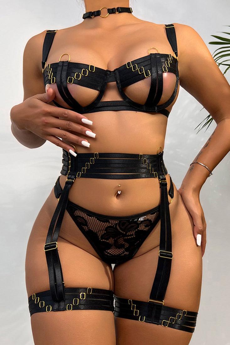 Sexy Black Strappy Cupless O-Ring Detail Lingerie Set – AMIClubwear