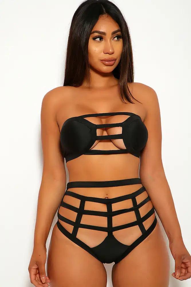 Sexy Black Strappy Cut Out High Waist Swimsuit - AMIClubwear