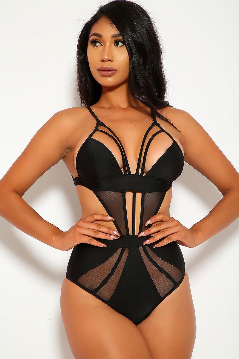 Sexy Black Strappy Mesh Detailed Cutouts One Piece Swimsuit