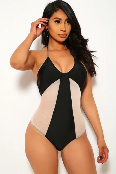 Sexy Black Two Tone Mesh Halter Padded One Piece Swimsuit - AMIClubwear