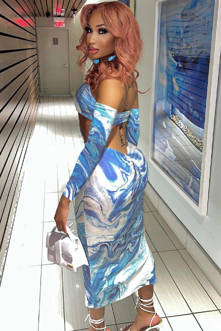 Sexy Blue White Marble Swirl Print Maxi Dress Long Sleeves - AMIClubwear