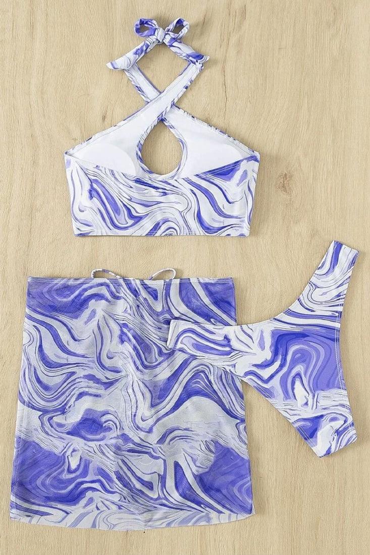 Sexy Blue white Swirl 3pc Bikini Set - AMIClubwear
