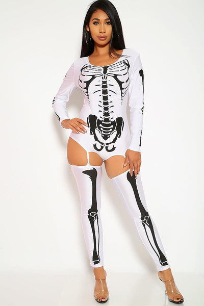 Sexy Bone-A-Fide Skeleton White Long Sleeve Bodysuit 3 Pc Costume - AMIClubwear
