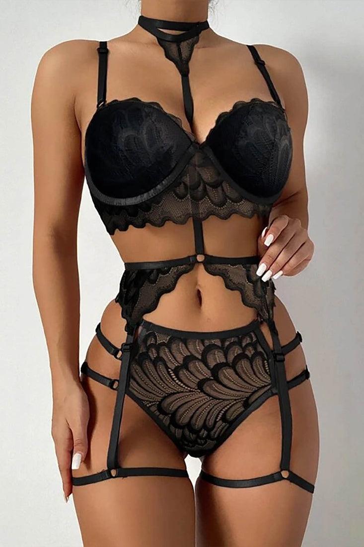 Sexy Choker Black Floral Lace Garter Belt Panty 3 Pc Set GT245 AMIClubwear Sexy Choker Black Floral Lace Garter Belt Panty 3 Pc Set GT245 AMIClubwear