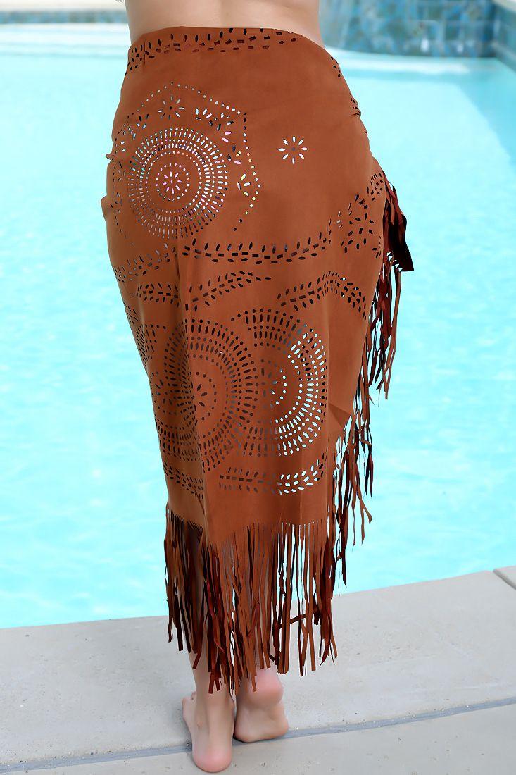 Sexy Coffee Sarong Floral Cutout Fringe Swimsuit Cover Up - AMIClubwear
