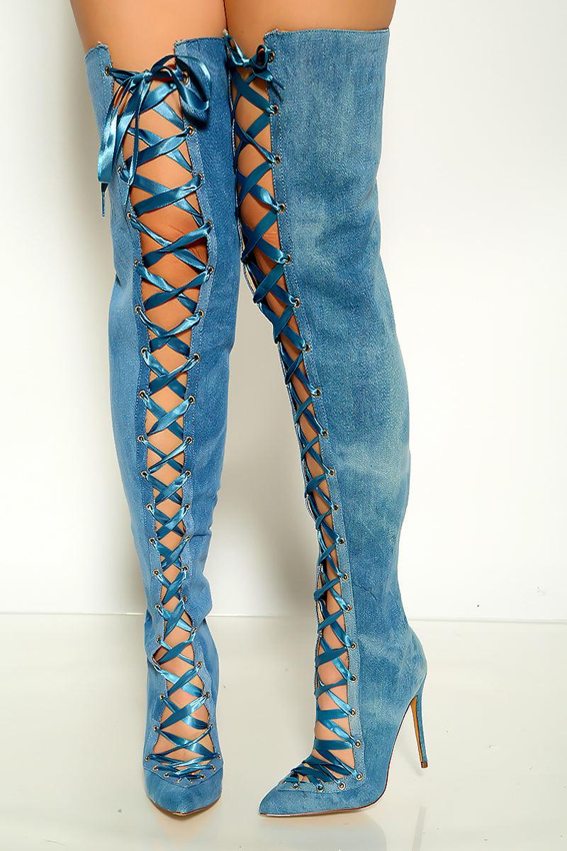 Sexy Denim Lace Up Pointy Toe Thigh High Boots Amiclubwear 