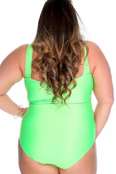 Sexy Green Sleeveless Front Cut Out One Piece Plus Size Swimsuit - AMIClubwear