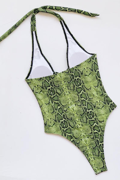 Sexy Green Snake Print Monokini With Lace Up Front - AMIClubwear