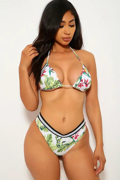 Sexy Green White Printed Stripe Accent Padded String Two Piece Swimsuit - AMIClubwear