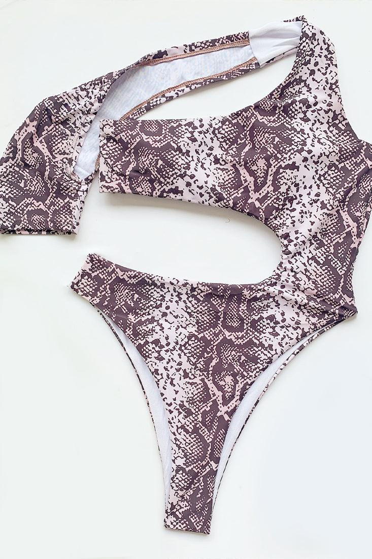Sexy Grey Pink Snake Print One Sleeve Monokini - AMIClubwear