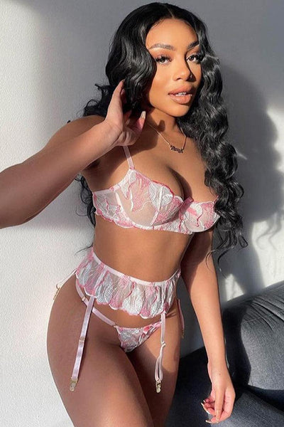 Sexy Light Pink Floral 3pc Lingerie Set - AMIClubwear