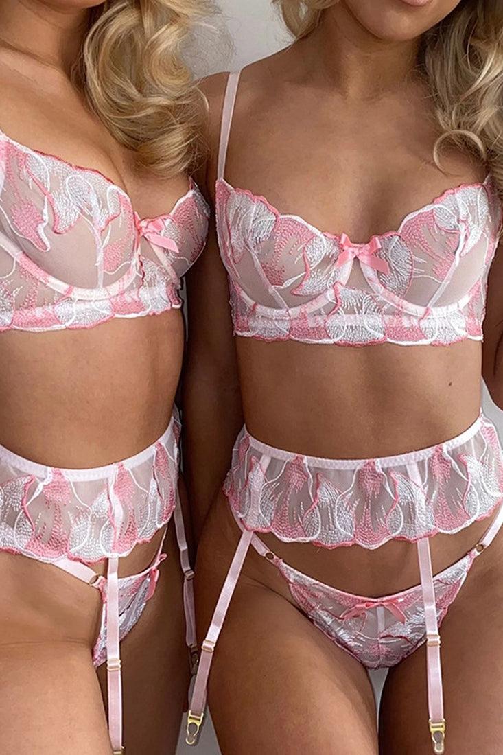 Sexy Light Pink Floral 3pc Lingerie Set - AMIClubwear