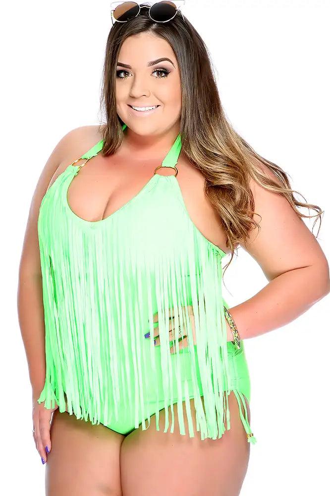 Sexy Lime Padded Fringe O-Ring Accent Halter Plus Size Swimsuit - AMIClubwear