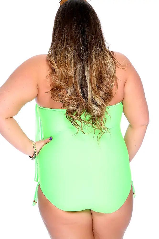Sexy Lime Padded Fringe O-Ring Accent Halter Plus Size Swimsuit - AMIClubwear