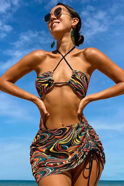 Sexy Multi Color Swirl Print 3pc Bikini With Coverup Skirt - AMIClubwear