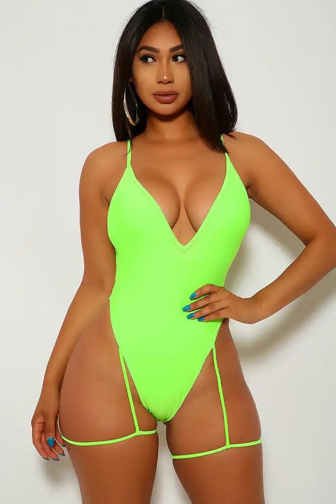 Sexy Neon Lime V-Cut Garter Belt One Piece Swimsuit  AMIClubwear