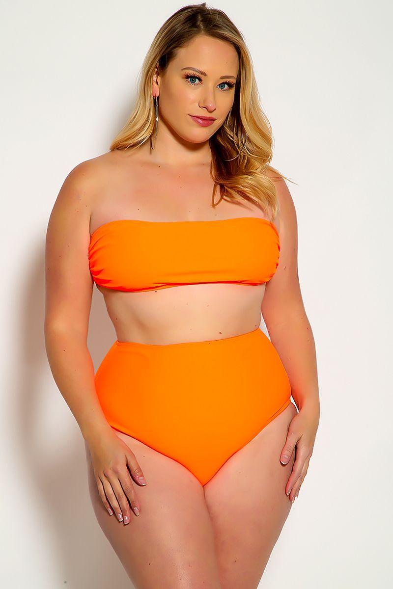 Sexy Orange Bandeau High Waist Plus Size Swimsuit - AMIClubwear