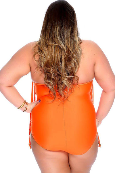 Sexy Orange Padded Fringe O-Ring Accent Halter Plus Size Swimsuit - AMIClubwear