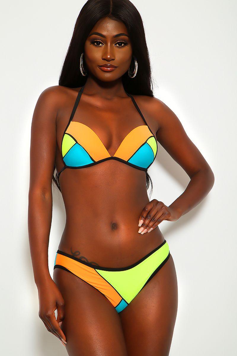 Sexy Orange Turquoise Color Block Push Up Two Piece Swimsuit